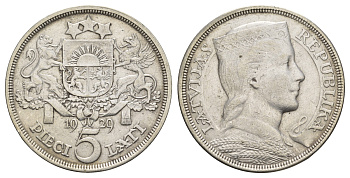 Латвия 5 латов 1929 девушка KM 9 серебро 443-1014