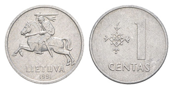 Литва 1 цент 1991 KM 85 алюминий 4632-566