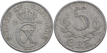 ДАНИЯ 5 ЭРЕ 1941 N ; S, КРИСТИАН X (1912-1947) KM 834 алюминий 97-1141