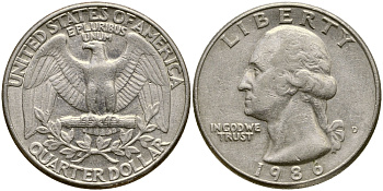 США 25 ЦЕНТОВ = КВОТЕР 1986 D, ВАШИНГТОН KM А164а медь плакированная медно-никелем 4388-243