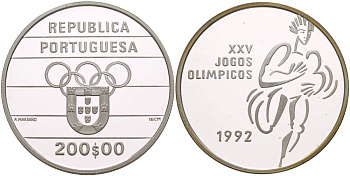 Португалия 200 эскудо 1992 XXV летние Олимпийские Игры, Барселона 1992 KM 662а серебро PROOF 1088-10-42
