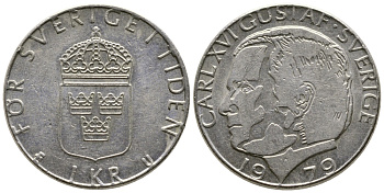 Швеция 1 крона 1979 Карл XVI Густав (1973- ) KM 852 медь плакированная медно-никелем 91-223