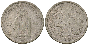 Швеция 25 эре 1905 EB, Оскар II (1872-1907) KM 739 серебро 44-351