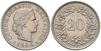 Швейцария 20 раппенов 1964 B KM 29a медно-никель 54-811
