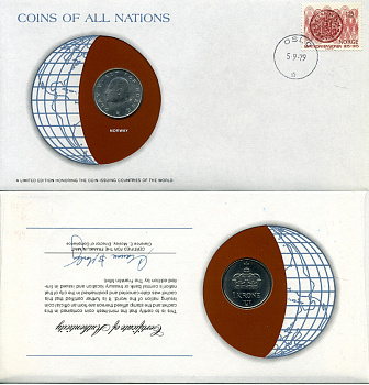 НОРВЕГИЯ 1 КРОНА 1979 КОНВЕРТ С МАРКОЙ ПЕРВОГО ДНЯ ГАШЕНИЯ, COINS OF NATIONS KM 419 медно-никель UNC 4294-29-2