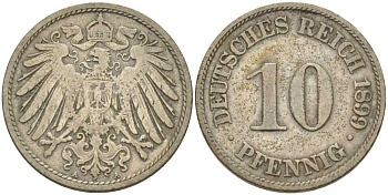 ГЕРМАНИЯ 10 ПФЕННИГОВ 1899 A KM 12, J. 13, Weege 8  медно-никель 212-732