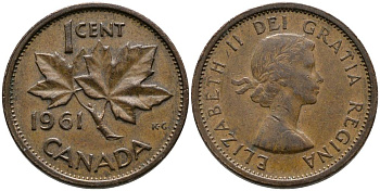 КАНАДА 1 ЦЕНТ 1961 КЛЕНОВЫЙ ЛИСТ, ЕЛИЗАВЕТА II (1952-) KM 49 бронза 4549-356