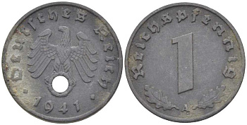 ГЕРМАНИЯ 1 РЕЙХСПФЕННИНГ 1941 A KM 97, J.369 цинк 201-961