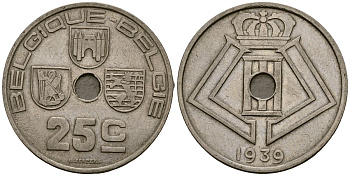 Бельгия 25 сантимов 1939 Belgique - Belgie KM 114 никель латунь 4382-445