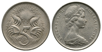 АВСТРАЛИЯ 5 ЦЕНТОВ 1980 ЕЛИЗАВЕТА II, МОЛОДОЙ ПОРТРЕТ, ЕХИДНА KM 64 медно-никель 89-1443