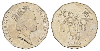Австралия 50 центов 1994 Международный год семьи KM 257 медно-никель UNC 4645-414