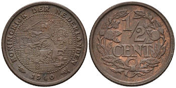 Нидерланды 1/2 цента 1940 Вильгельмина (1890-1948) KM 138 бронза 4588-1045
