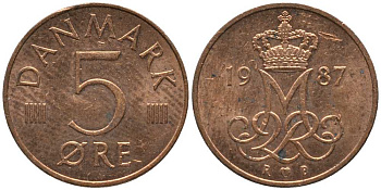 ДАНИЯ 5 ЭРЕ 1987 R; B, МАРГРЕТЕ II (1972-) KM 859.3 железо плакированное медью 116-211