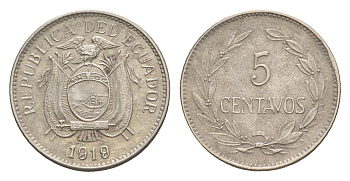 Эквадор 5 сентаво 1919 KM 63 медно-никель 1528-1343