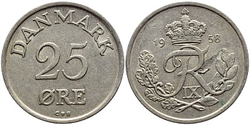 ДАНИЯ 25 ЭРЕ 1958 С; S, ФРЕДЕРИК IX (1947-1972) KM 842.2 медно-никель 4398-942