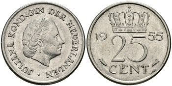 Нидерланды 25 центов 1955 Юлиана (1949-1980) KM 183 никель 96-133