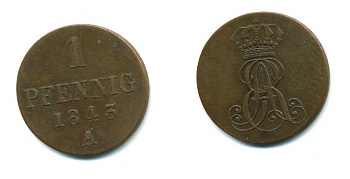 Ганновер 1 пфенниг 1843 A, Эрнст Август (1837-1851) KM 173.1, AKS 126, J. 54 медь 35-169