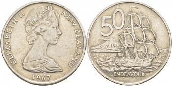 Новая Зеландия 50 центов 1967 Елизавета II (1952-2022), парусник Индевор KM 37.1 медно-никель 215-144