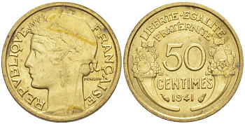 ФРАНЦИЯ 50 САНТИМОВ 1941 ТИП MORLON KM 894.1, LE FRANC 192.18 алюминиевая бронза 44-459