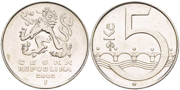 Чехия 5 крон 2002 чешский лев, Карлов мост KM 8 сталь плакированная никелем 4514-727