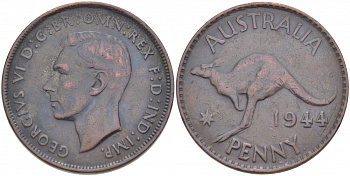 АВСТРАЛИЯ 1 ПЕННИ 1944 p, ГЕОРГ VI (1936-1952), КЕНГУРУ KM 36 бронза 4403-931