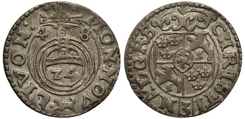 Ливония, Рига 1/24 талера 1648 Шведская оккупация, Кристина (1632-1654), минтмарк собака, вес 0,71 гр. KM 3, S.B. 2 a серебро 1516-622