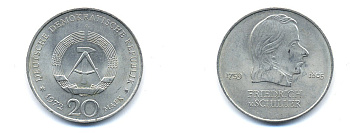 ГДР 20 марок 1972 А, Фридрих Шиллер (1759-1805) KM 40 медно-никель 3333-725