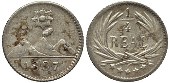 Гватемала 1/4 реала 1897 5 звезд, Испанское правление KM 162 серебро 112-627