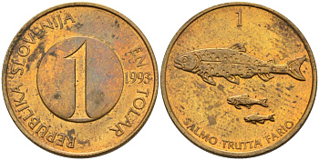 Словения 1 толар 1993 рыбы KM 4 никель латунь 4573-557