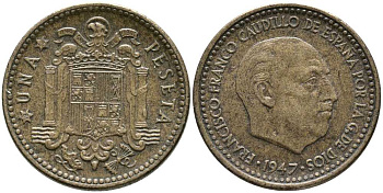 Испания 1 песета 1947 (54) Франсиско Франко (1939-1975) KM 775 алюминиевая бронза 110-954