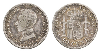 Испания 50 сентимо 1904 (04) Альфонсо XIII (1886-1931), год-тип KM 723 серебро    4658-1122