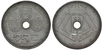 БЕЛЬГИЯ 25 САНТИМОВ 1944 BELGIE-BELGIQUE, ГЕРМАНСКАЯ ОККУПАЦИЯ, ВТОРАЯ МИРОВАЯ ВОЙНА KM 132 цинк 27-946