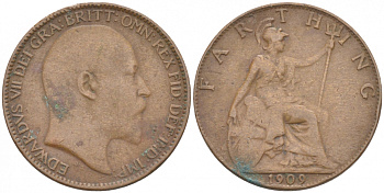 Великобритания 1 фартинг 1909 Эдуард VII (1901-1910), KM 792, Spink 3992 бронза 187-137