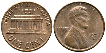 США 1 ЦЕНТ 1971 D, ЛИНКОЛЬН KM 201 медь цинк 93-1256