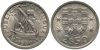 Португалия 2,5 эскудо 1980 парусник KM 590 медно-никель 4608-956