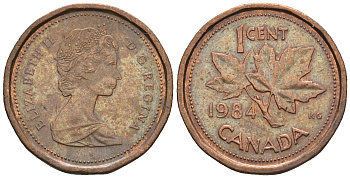 Канада 1 цент 1984 Елизавета II (1952-2022), кленовый лист KM 132 бронза 4609-214