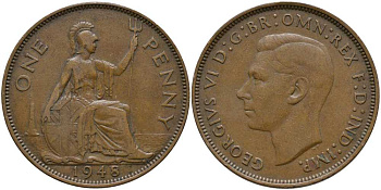 Великобритания 1 пенни 1948 Георг VI (1936-1952) KM 845, Spink 4114 бронза 115-433