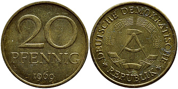 ГДР 20 пфеннигов 1969 А, первый год KM 11 латунь UNC 73-1332
