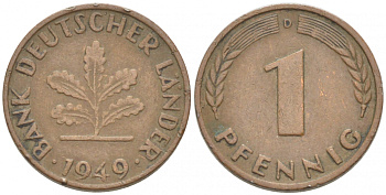 ФРГ 1 ПФЕННИГ 1949 D KM А101, J.376 сталь плакированная медью 3955-513