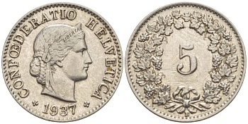 ШВЕЙЦАРИЯ 5 РАППЕНОВ 1937 В KM 26 медно-никель 4532-934