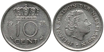 НИДЕРЛАНДЫ 10 ЦЕНТОВ 1958 ЮЛИАНА KM 182 никель 112-739