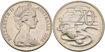 АВСТРАЛИЯ 20 ЦЕНТОВ 1982 ЕЛИЗАВЕТА II, МОЛОДОЙ ПОРТРЕТ, УТКОНОС KM 66 медно-никель 4565-831