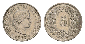 Швейцария 5 раппенов 1957 B KM 26 медно-никель 4611-741