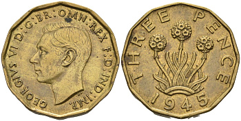 Великобритания 3 пенса 1945 Георг VI (1936-1952) KM 849, Spink 4112 никель латунь 4126-331