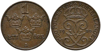 Швеция 1 эре 1950 Густав V (1907-1950) KM 777.2 бронза 201-1142