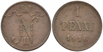РОССИЯ ДЛЯ ФИНЛЯНДИИ 1 ПЕННИ 1916 НИКОЛАЙ II (1895-1917) KM 13, Биткин 476 медь 211-1049