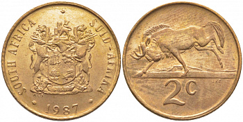 ЮАР 2 цента 1987 герб, антилопа гну KM 83 бронза UNC 110-545