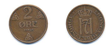 НОРВЕГИЯ 2 ЭРЕ 1928 KM 371 бронза 23-754