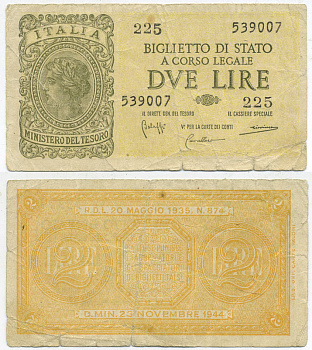 Италия 2 лиры 1944 Pick 30b, Grapanzano BS 16 бумага 7551-42-3-1
