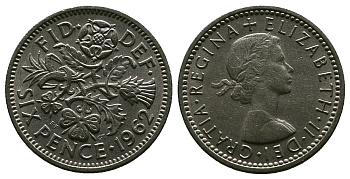 Великобритания 6 пенсов 1962 Елизавета II (1952-2022) KM 903, Spink 4149 медно-никель 4381-742
